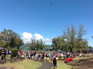 flower drop during the mass hula courtesy of the Hawaii Tropical Flower Council and Blue Hawaiian Helicopters