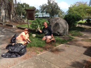 Mel and Flor weed the dwarf mondo grass
