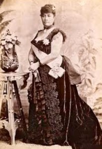 When she was Princess, Lili`uokalani accompanied Queen Kapi`olani to London for Queen Victoria's Jubilee. The black ribbon gown shown here recently was reproduced as part of the Ali`i Gown Project of Friends of `Iolani Palace. The gown was on display in Sangha Hall following the memorial service.
